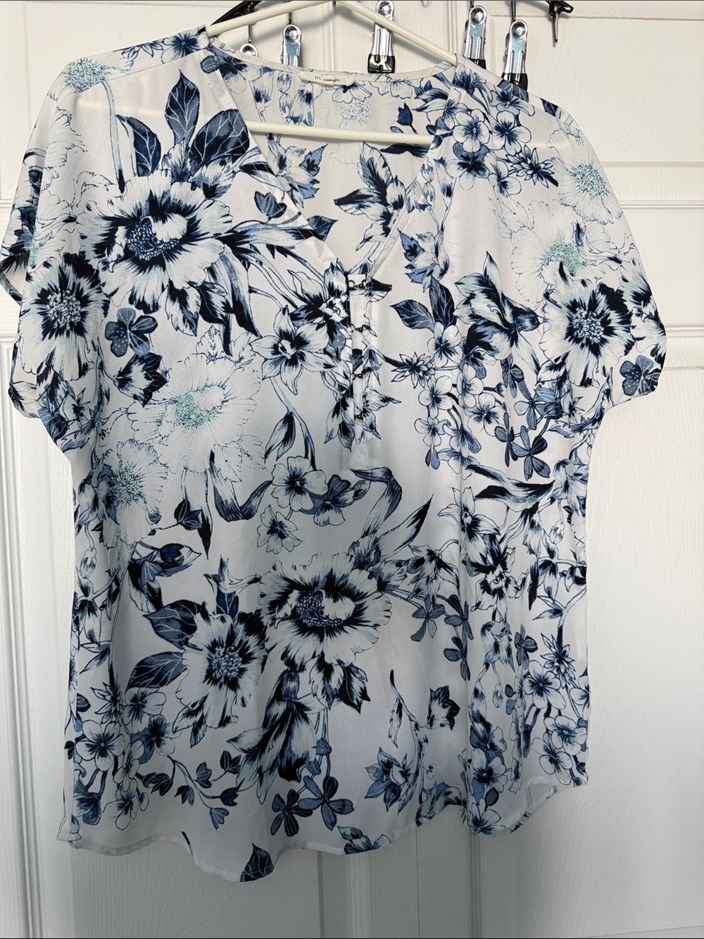 Maurices White Blouse with Blue Floral Print